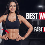 Fit woman showing toned abs with transformation background and text “Best Workouts for Fast Fat Burning