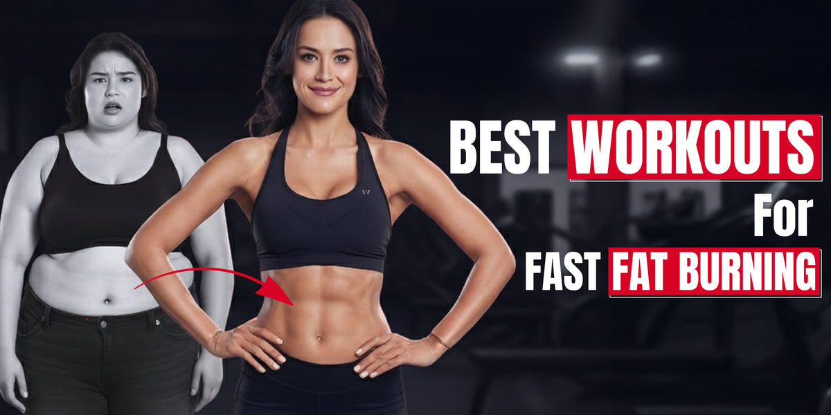 Fit woman showing toned abs with transformation background and text “Best Workouts for Fast Fat Burning
