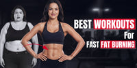 Fit woman showing toned abs with transformation background and text “Best Workouts for Fast Fat Burning