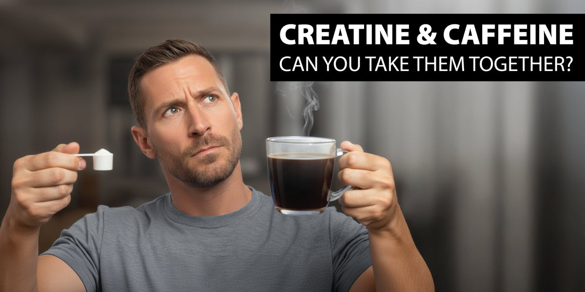 Man holding a scoop of creatine and a cup of coffee, representing creatine and caffeine supplementation together