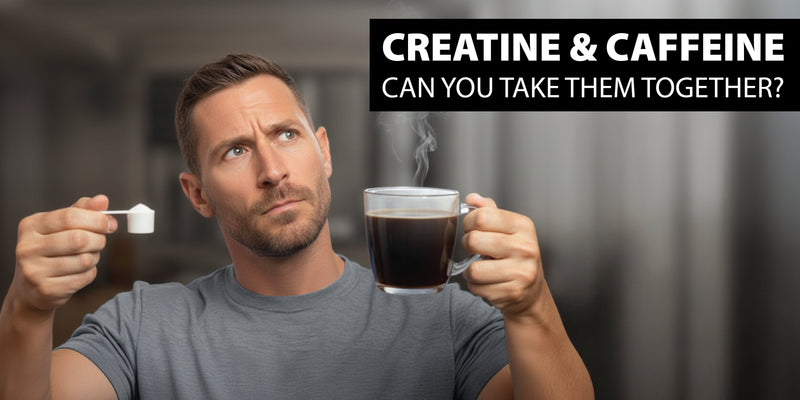 Man holding a scoop of creatine and a cup of coffee, representing creatine and caffeine supplementation together