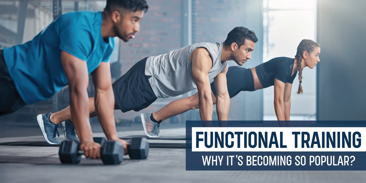 Group of men and women performing functional training exercises with dumbbells in a gym setting.