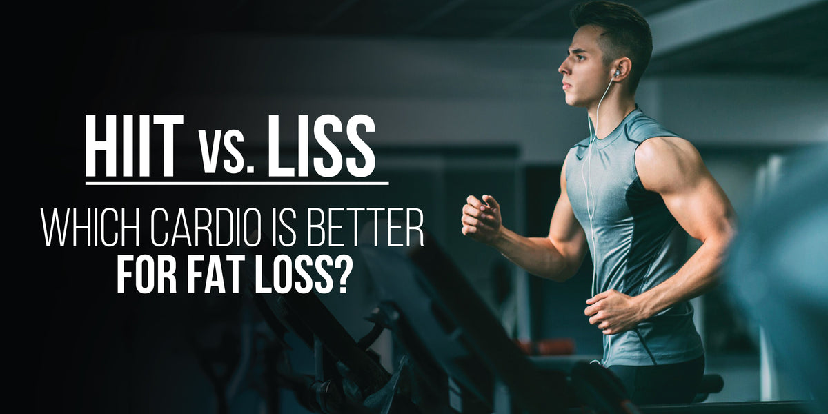 HIIT vs LISS cardio comparison for fat loss with a man running on a treadmill in a gym.