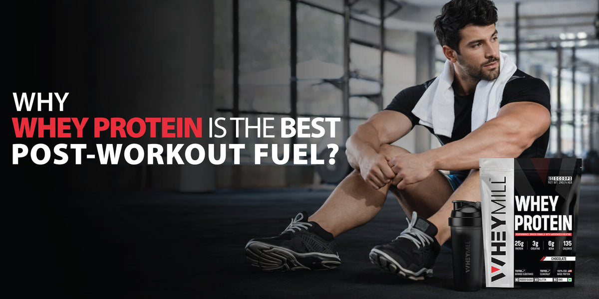 Man consuming whey protein after workout with whey protein pack showing post-workout muscle recovery benefits.