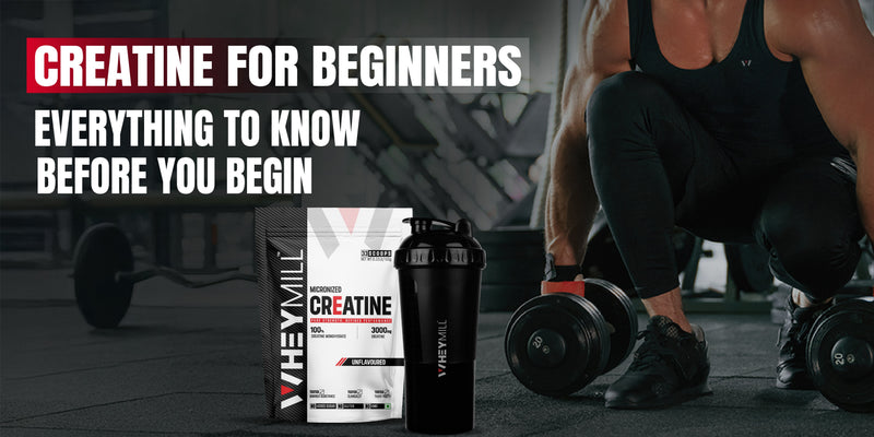 Creatine for beginners supplement guide showing creatine monohydrate pouch and shaker bottle in a gym environment.