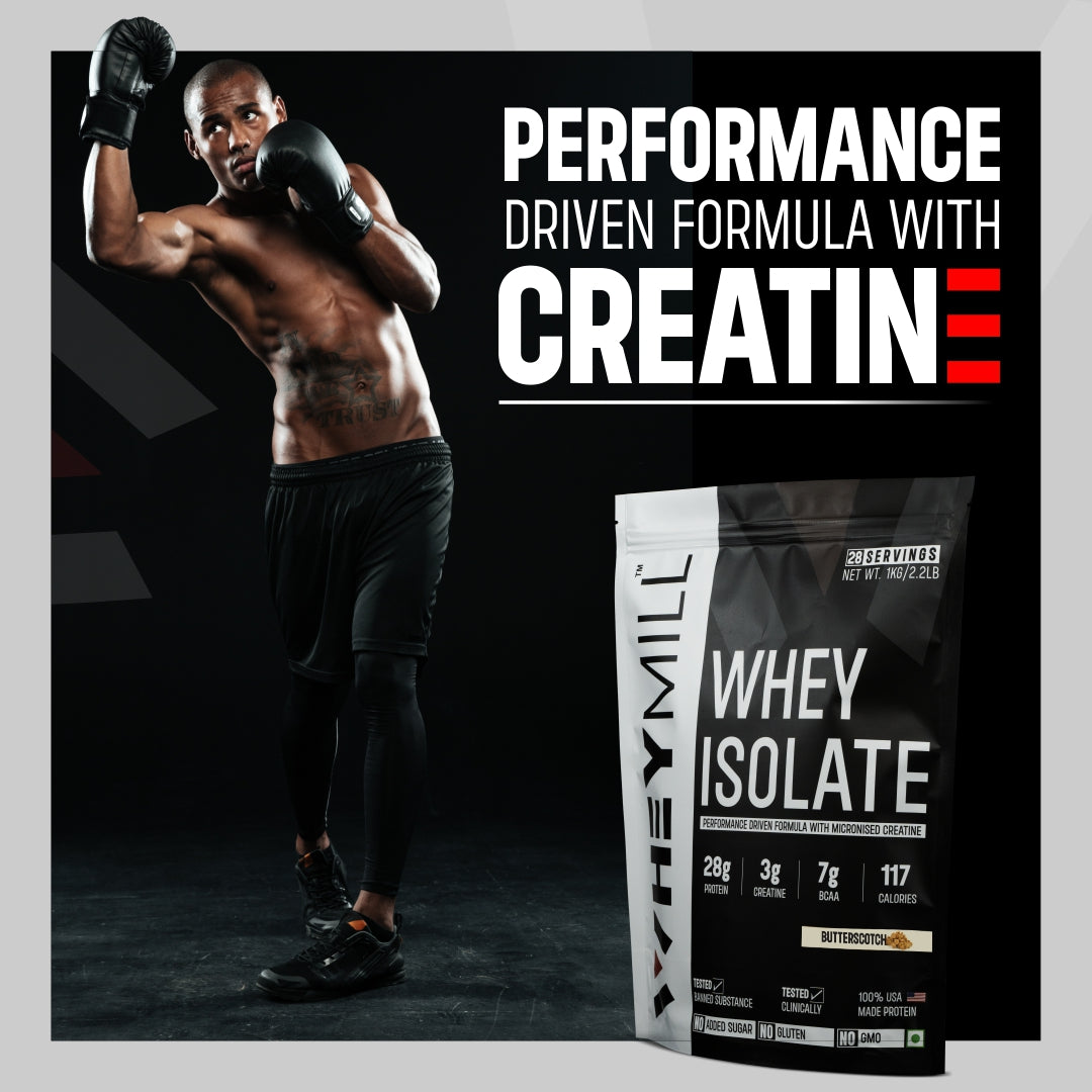 Whey Protein Isolate | 28g Protein, 3g Creatine, 7g BCAA | Easy Mixing, Low Carbs | For Men & Women