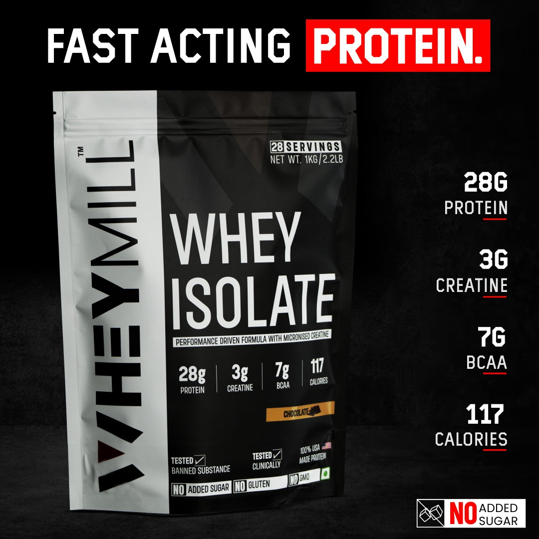 Whey Protein Isolate | 28g Protein, 3g Creatine, 7g BCAA | Easy Mixing, Low Carbs | For Men & Women