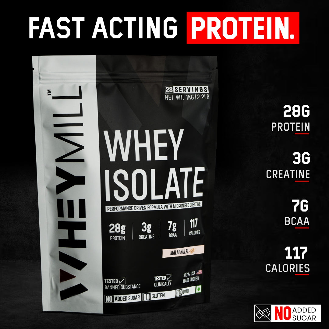 Whey Protein Isolate | 28g Protein, 3g Creatine, 7g BCAA | Easy Mixing, Low Carbs | For Men & Women