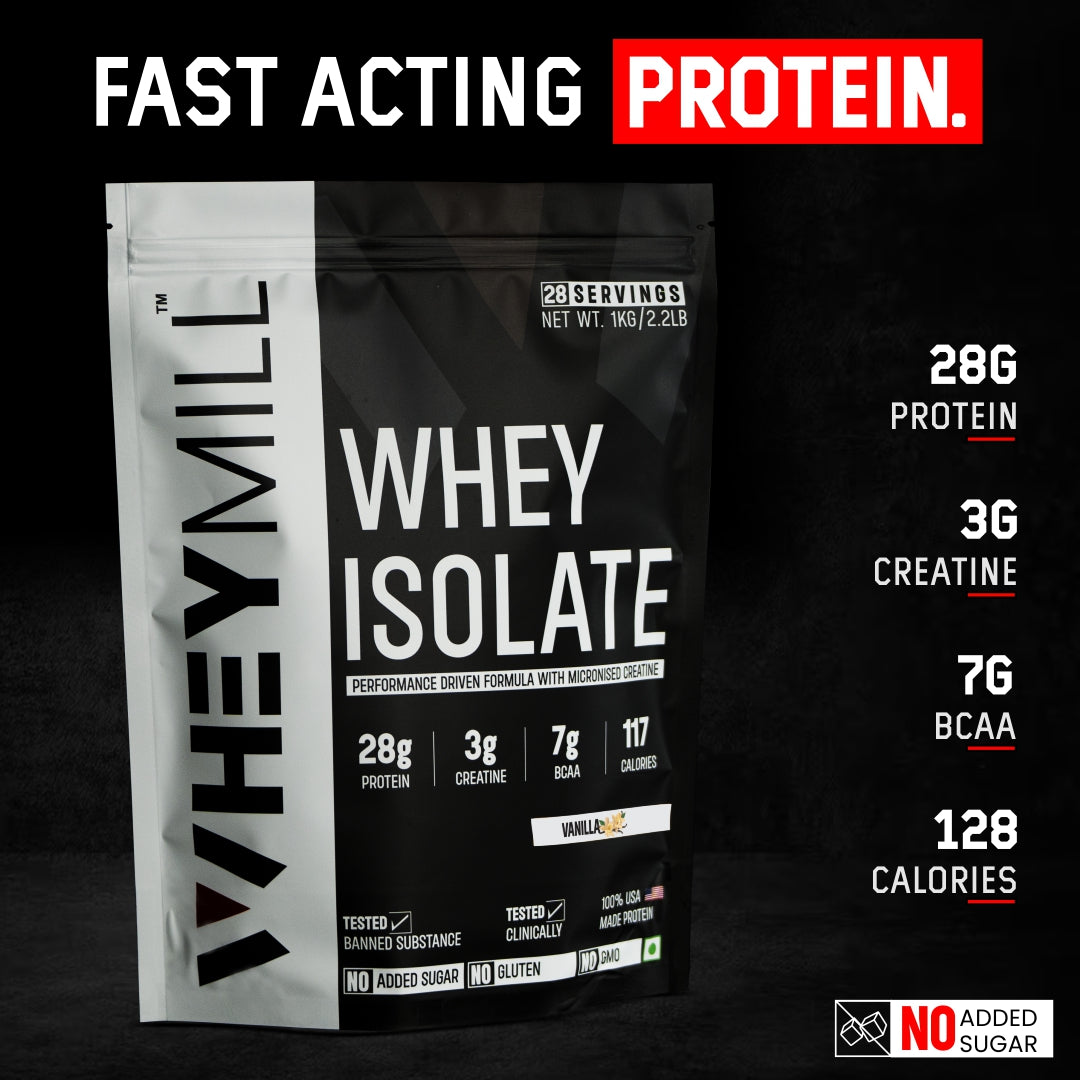 Whey Protein Isolate | 28g Protein, 3g Creatine, 7g BCAA | Easy Mixing, Low Carbs | For Men & Women