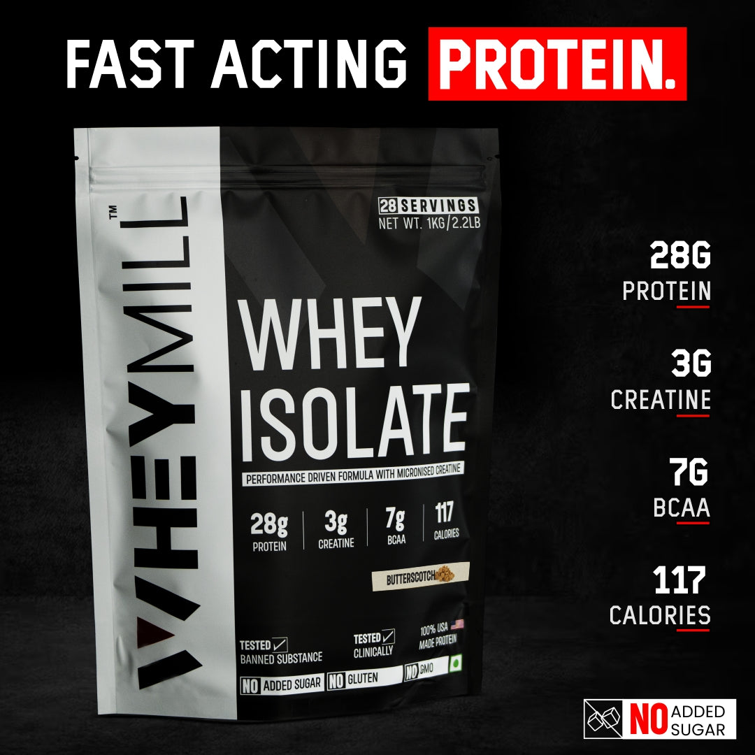 Whey Protein Isolate | 28g Protein, 3g Creatine, 7g BCAA | Easy Mixing, Low Carbs | For Men & Women